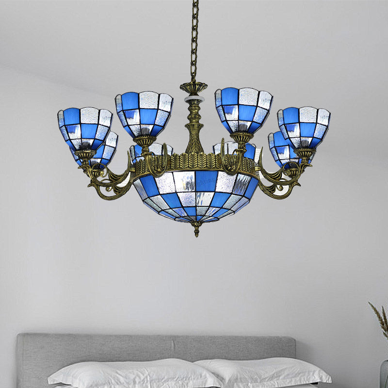 Domed Chandelier 5/9/11 Lights Blue/Textured White Glass Baroque Ceiling Pendant Light in Bronze for Bedroom Clearhalo 'Ceiling Lights' 'Chandeliers' 'Industrial' 'Middle Century Chandeliers' 'Tiffany Chandeliers' 'Tiffany close to ceiling' 'Tiffany' Lighting' 330573