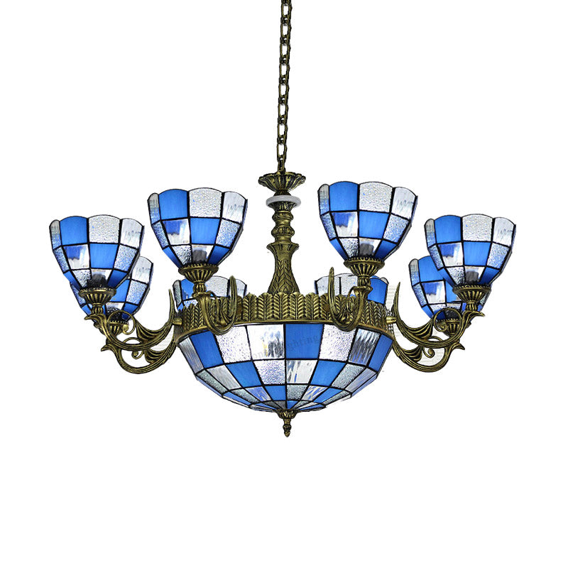 Domed Chandelier 5/9/11 Lights Blue/Textured White Glass Baroque Ceiling Pendant Light in Bronze for Bedroom Clearhalo 'Ceiling Lights' 'Chandeliers' 'Industrial' 'Middle Century Chandeliers' 'Tiffany Chandeliers' 'Tiffany close to ceiling' 'Tiffany' Lighting' 330574