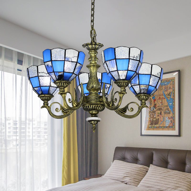 Domed Chandelier 5/9/11 Lights Blue/Textured White Glass Baroque Ceiling Pendant Light in Bronze for Bedroom Clearhalo 'Ceiling Lights' 'Chandeliers' 'Industrial' 'Middle Century Chandeliers' 'Tiffany Chandeliers' 'Tiffany close to ceiling' 'Tiffany' Lighting' 330577