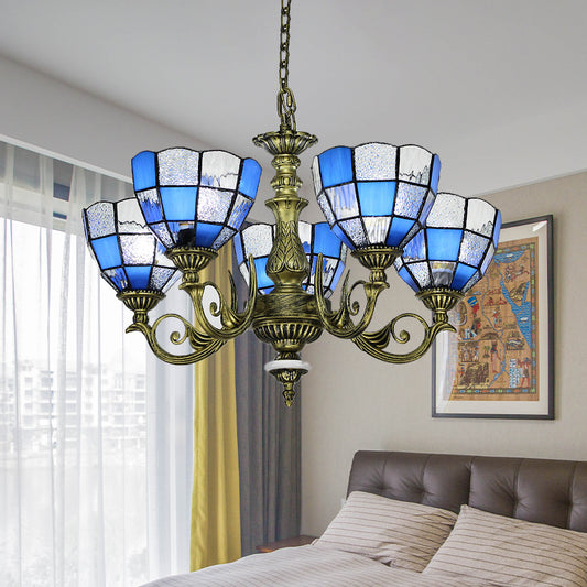 Domed Chandelier 5/9/11 Lights Blue/Textured White Glass Baroque Ceiling Pendant Light in Bronze for Bedroom Clearhalo 'Ceiling Lights' 'Chandeliers' 'Industrial' 'Middle Century Chandeliers' 'Tiffany Chandeliers' 'Tiffany close to ceiling' 'Tiffany' Lighting' 330577