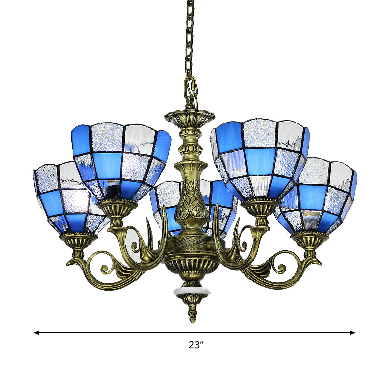 Domed Chandelier 5/9/11 Lights Blue/Textured White Glass Baroque Ceiling Pendant Light in Bronze for Bedroom Clearhalo 'Ceiling Lights' 'Chandeliers' 'Industrial' 'Middle Century Chandeliers' 'Tiffany Chandeliers' 'Tiffany close to ceiling' 'Tiffany' Lighting' 330579