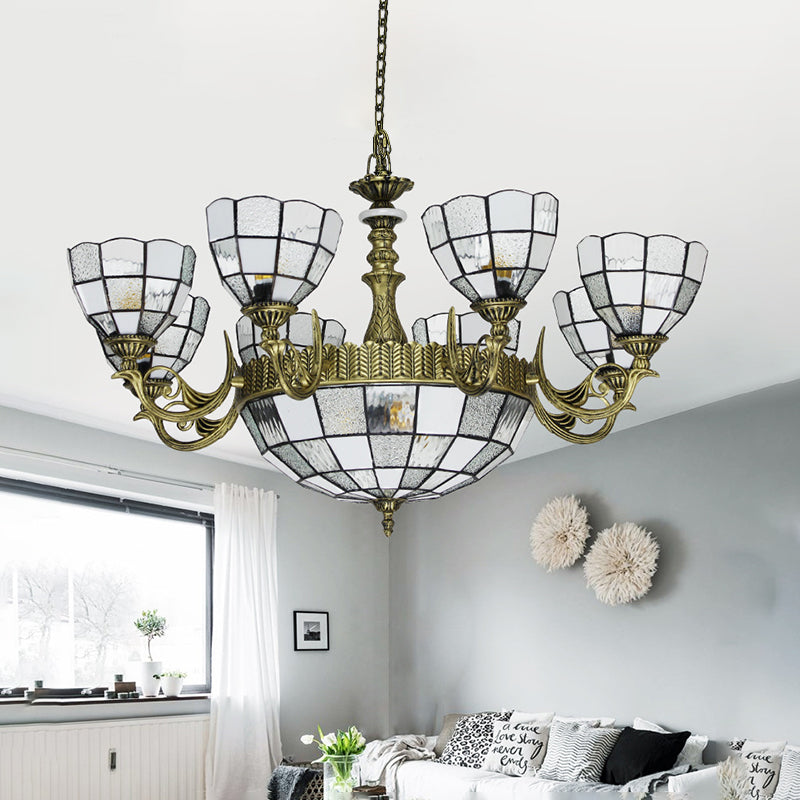 Domed Chandelier 5/9/11 Lights Blue/Textured White Glass Baroque Ceiling Pendant Light in Bronze for Bedroom Clearhalo 'Ceiling Lights' 'Chandeliers' 'Industrial' 'Middle Century Chandeliers' 'Tiffany Chandeliers' 'Tiffany close to ceiling' 'Tiffany' Lighting' 330581