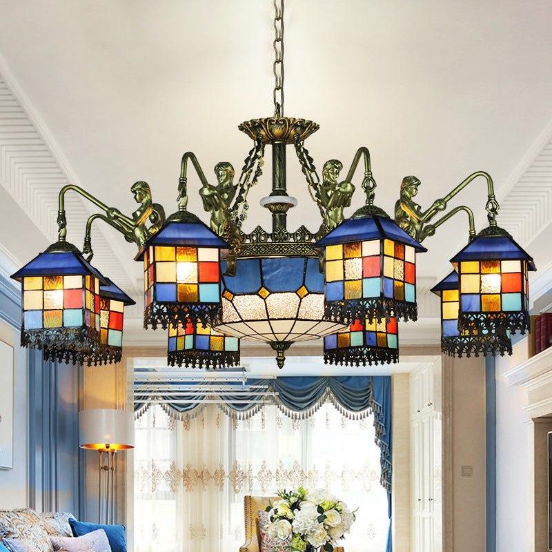 Blue 5/9/11 Lights Chandelier Light Fixture Mediterranean Stained Glass House Ceiling Light for Living Room Clearhalo 'Ceiling Lights' 'Chandeliers' 'Close To Ceiling Lights' 'Industrial' 'Middle Century Chandeliers' 'Tiffany Chandeliers' 'Tiffany close to ceiling' 'Tiffany' Lighting' 330594