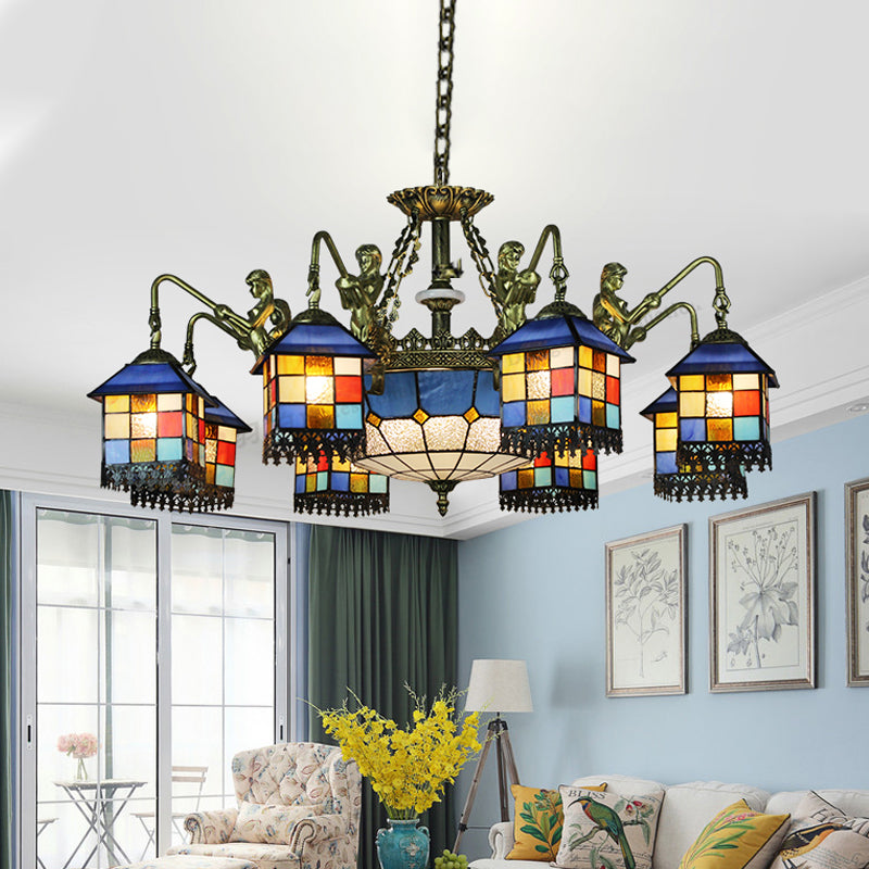 Blue 5/9/11 Lights Chandelier Light Fixture Mediterranean Stained Glass House Ceiling Light for Living Room Clearhalo 'Ceiling Lights' 'Chandeliers' 'Close To Ceiling Lights' 'Industrial' 'Middle Century Chandeliers' 'Tiffany Chandeliers' 'Tiffany close to ceiling' 'Tiffany' Lighting' 330595