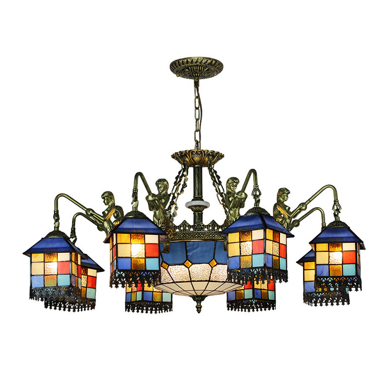 Blue 5/9/11 Lights Chandelier Light Fixture Mediterranean Stained Glass House Ceiling Light for Living Room Clearhalo 'Ceiling Lights' 'Chandeliers' 'Close To Ceiling Lights' 'Industrial' 'Middle Century Chandeliers' 'Tiffany Chandeliers' 'Tiffany close to ceiling' 'Tiffany' Lighting' 330596