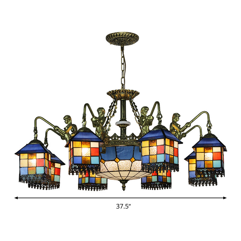 Blue 5/9/11 Lights Chandelier Light Fixture Mediterranean Stained Glass House Ceiling Light for Living Room Clearhalo 'Ceiling Lights' 'Chandeliers' 'Close To Ceiling Lights' 'Industrial' 'Middle Century Chandeliers' 'Tiffany Chandeliers' 'Tiffany close to ceiling' 'Tiffany' Lighting' 330597