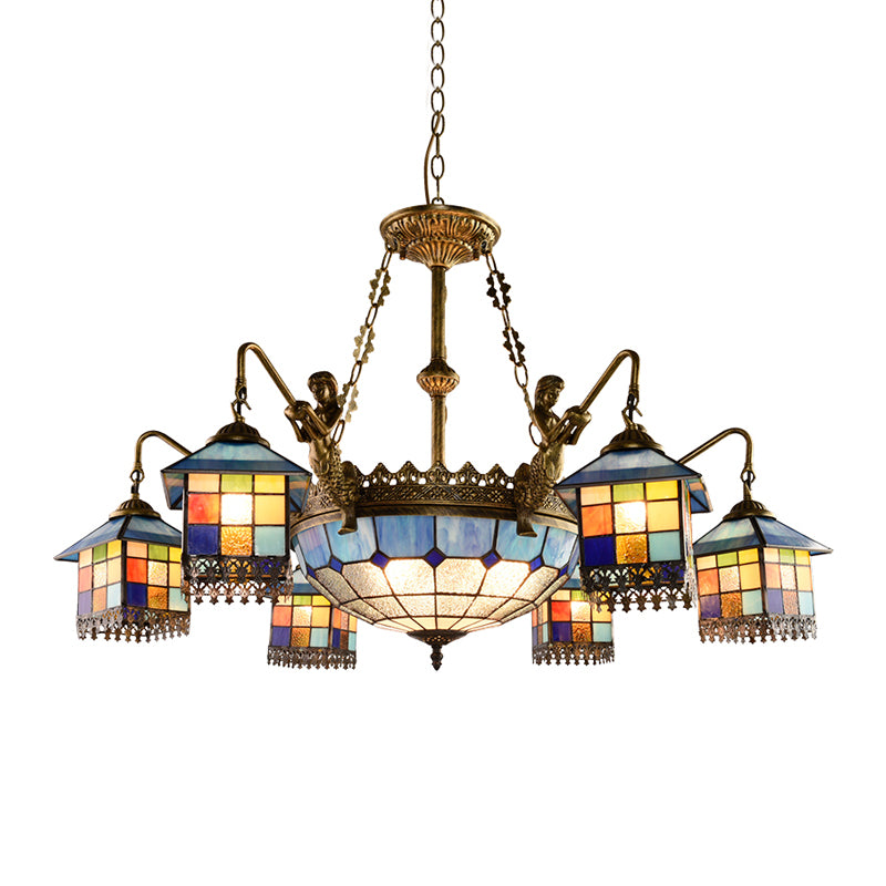 Blue 5/9/11 Lights Chandelier Light Fixture Mediterranean Stained Glass House Ceiling Light for Living Room Clearhalo 'Ceiling Lights' 'Chandeliers' 'Close To Ceiling Lights' 'Industrial' 'Middle Century Chandeliers' 'Tiffany Chandeliers' 'Tiffany close to ceiling' 'Tiffany' Lighting' 330599