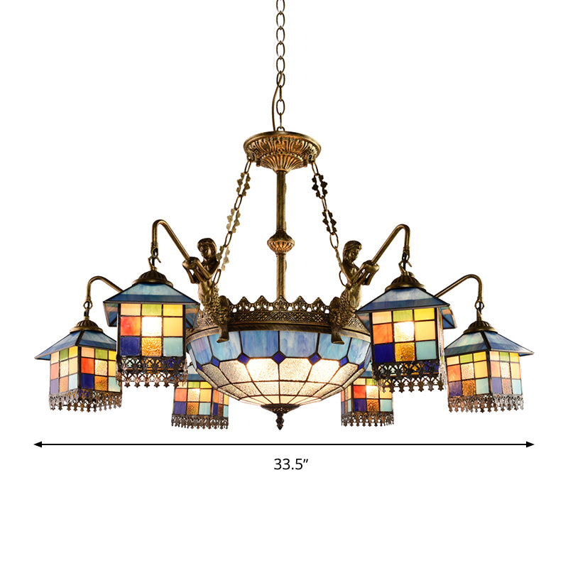 Blue 5/9/11 Lights Chandelier Light Fixture Mediterranean Stained Glass House Ceiling Light for Living Room Clearhalo 'Ceiling Lights' 'Chandeliers' 'Close To Ceiling Lights' 'Industrial' 'Middle Century Chandeliers' 'Tiffany Chandeliers' 'Tiffany close to ceiling' 'Tiffany' Lighting' 330600