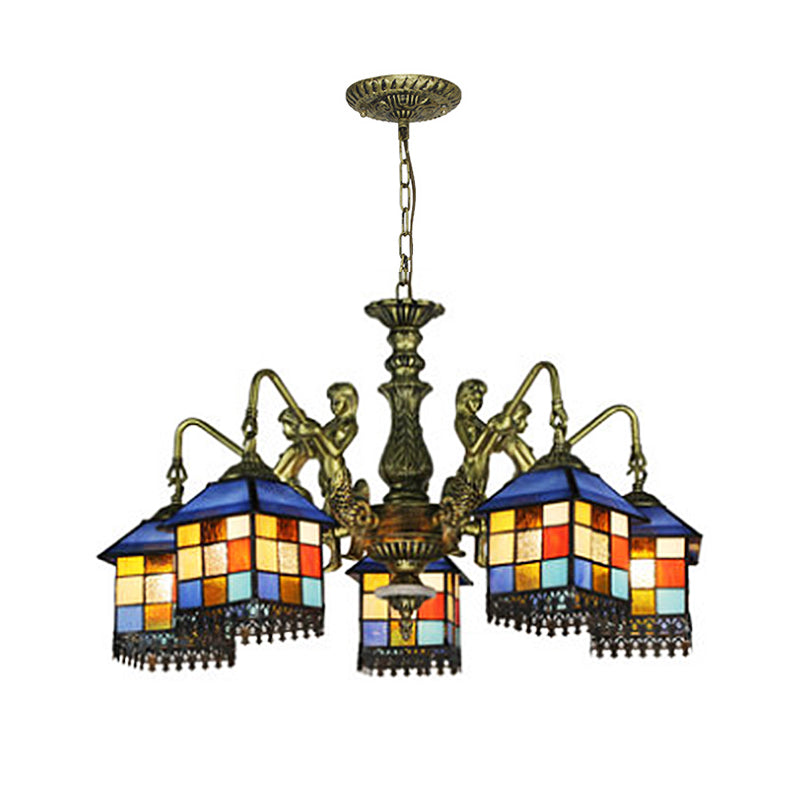 Blue 5/9/11 Lights Chandelier Light Fixture Mediterranean Stained Glass House Ceiling Light for Living Room Clearhalo 'Ceiling Lights' 'Chandeliers' 'Close To Ceiling Lights' 'Industrial' 'Middle Century Chandeliers' 'Tiffany Chandeliers' 'Tiffany close to ceiling' 'Tiffany' Lighting' 330602