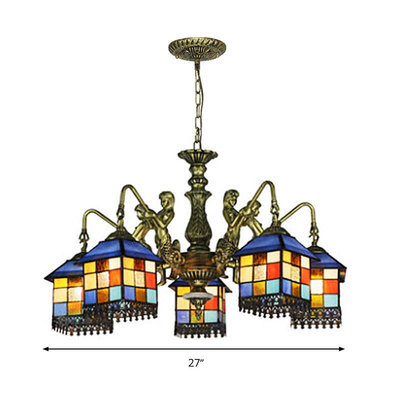 Blue 5/9/11 Lights Chandelier Light Fixture Mediterranean Stained Glass House Ceiling Light for Living Room Clearhalo 'Ceiling Lights' 'Chandeliers' 'Close To Ceiling Lights' 'Industrial' 'Middle Century Chandeliers' 'Tiffany Chandeliers' 'Tiffany close to ceiling' 'Tiffany' Lighting' 330603