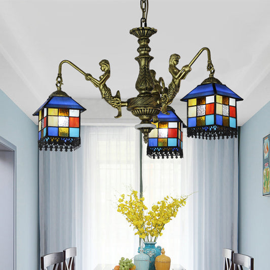 Blue 5/9/11 Lights Chandelier Light Fixture Mediterranean Stained Glass House Ceiling Light for Living Room 3 Blue Clearhalo 'Ceiling Lights' 'Chandeliers' 'Close To Ceiling Lights' 'Industrial' 'Middle Century Chandeliers' 'Tiffany Chandeliers' 'Tiffany close to ceiling' 'Tiffany' Lighting' 330604