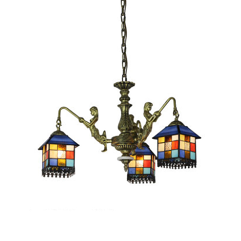 Blue 5/9/11 Lights Chandelier Light Fixture Mediterranean Stained Glass House Ceiling Light for Living Room Clearhalo 'Ceiling Lights' 'Chandeliers' 'Close To Ceiling Lights' 'Industrial' 'Middle Century Chandeliers' 'Tiffany Chandeliers' 'Tiffany close to ceiling' 'Tiffany' Lighting' 330605