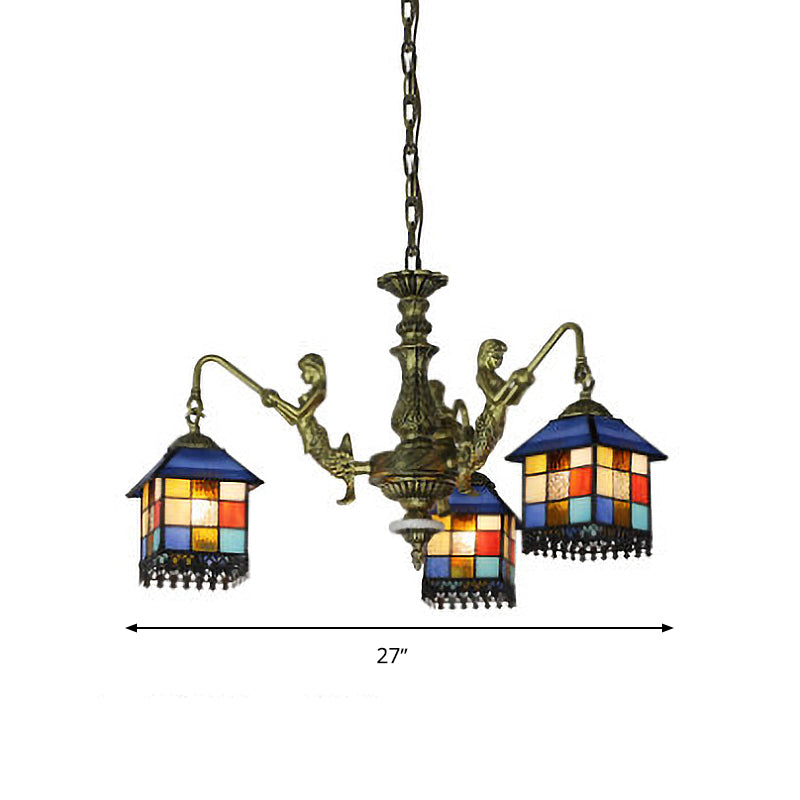 Blue 5/9/11 Lights Chandelier Light Fixture Mediterranean Stained Glass House Ceiling Light for Living Room Clearhalo 'Ceiling Lights' 'Chandeliers' 'Close To Ceiling Lights' 'Industrial' 'Middle Century Chandeliers' 'Tiffany Chandeliers' 'Tiffany close to ceiling' 'Tiffany' Lighting' 330606