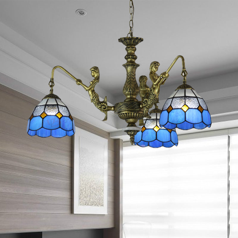 Blue Stained Glass Chandelier Lighting Fixture Grid Patterned 5/9/11 Lights Baroque Suspension Lamp Clearhalo 'Ceiling Lights' 'Chandeliers' 'Industrial' 'Middle Century Chandeliers' 'Tiffany Chandeliers' 'Tiffany close to ceiling' 'Tiffany' Lighting' 330608