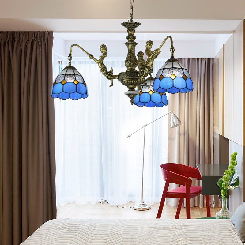 Blue Stained Glass Chandelier Lighting Fixture Grid Patterned 5/9/11 Lights Baroque Suspension Lamp Clearhalo 'Ceiling Lights' 'Chandeliers' 'Industrial' 'Middle Century Chandeliers' 'Tiffany Chandeliers' 'Tiffany close to ceiling' 'Tiffany' Lighting' 330609