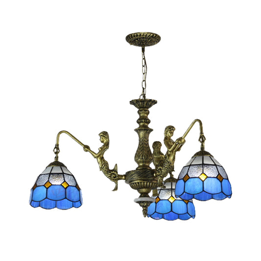 Blue Stained Glass Chandelier Lighting Fixture Grid Patterned 5/9/11 Lights Baroque Suspension Lamp Clearhalo 'Ceiling Lights' 'Chandeliers' 'Industrial' 'Middle Century Chandeliers' 'Tiffany Chandeliers' 'Tiffany close to ceiling' 'Tiffany' Lighting' 330610