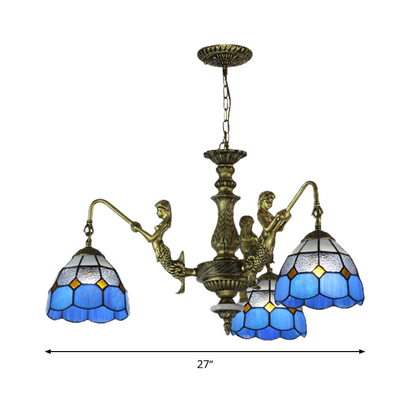 Blue Stained Glass Chandelier Lighting Fixture Grid Patterned 5/9/11 Lights Baroque Suspension Lamp Clearhalo 'Ceiling Lights' 'Chandeliers' 'Industrial' 'Middle Century Chandeliers' 'Tiffany Chandeliers' 'Tiffany close to ceiling' 'Tiffany' Lighting' 330611