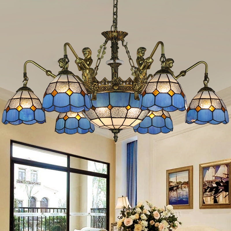 Blue Stained Glass Chandelier Lighting Fixture Grid Patterned 5/9/11 Lights Baroque Suspension Lamp 9 Blue Clearhalo 'Ceiling Lights' 'Chandeliers' 'Industrial' 'Middle Century Chandeliers' 'Tiffany Chandeliers' 'Tiffany close to ceiling' 'Tiffany' Lighting' 330612