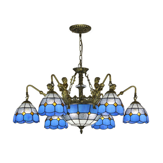 Blue Stained Glass Chandelier Lighting Fixture Grid Patterned 5/9/11 Lights Baroque Suspension Lamp Clearhalo 'Ceiling Lights' 'Chandeliers' 'Industrial' 'Middle Century Chandeliers' 'Tiffany Chandeliers' 'Tiffany close to ceiling' 'Tiffany' Lighting' 330613