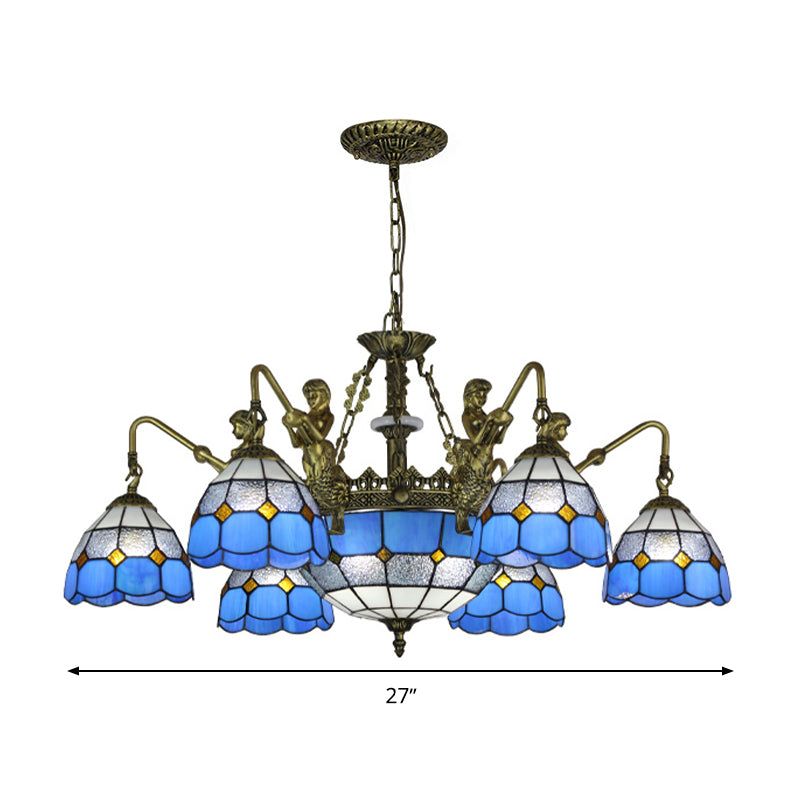 Blue Stained Glass Chandelier Lighting Fixture Grid Patterned 5/9/11 Lights Baroque Suspension Lamp Clearhalo 'Ceiling Lights' 'Chandeliers' 'Industrial' 'Middle Century Chandeliers' 'Tiffany Chandeliers' 'Tiffany close to ceiling' 'Tiffany' Lighting' 330614