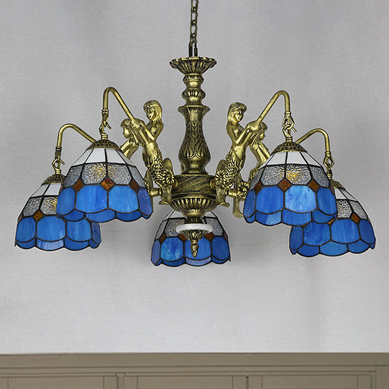 Blue Stained Glass Chandelier Lighting Fixture Grid Patterned 5/9/11 Lights Baroque Suspension Lamp 5 Blue Clearhalo 'Ceiling Lights' 'Chandeliers' 'Industrial' 'Middle Century Chandeliers' 'Tiffany Chandeliers' 'Tiffany close to ceiling' 'Tiffany' Lighting' 330615