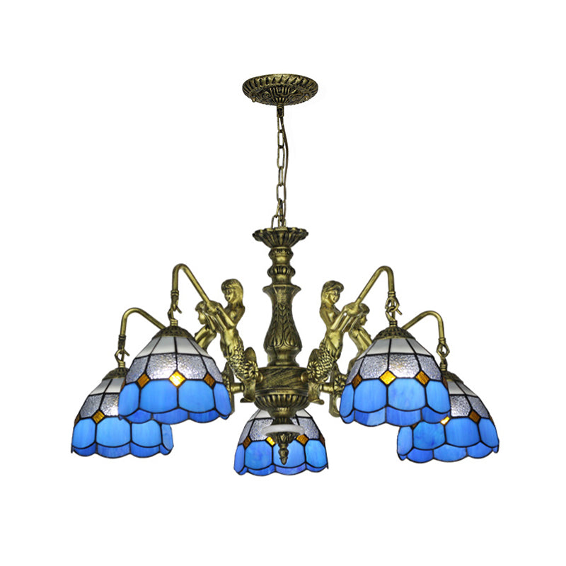 Blue Stained Glass Chandelier Lighting Fixture Grid Patterned 5/9/11 Lights Baroque Suspension Lamp Clearhalo 'Ceiling Lights' 'Chandeliers' 'Industrial' 'Middle Century Chandeliers' 'Tiffany Chandeliers' 'Tiffany close to ceiling' 'Tiffany' Lighting' 330616