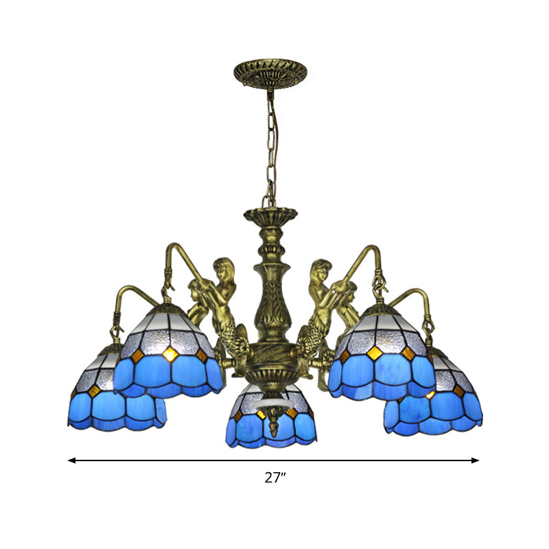 Blue Stained Glass Chandelier Lighting Fixture Grid Patterned 5/9/11 Lights Baroque Suspension Lamp Clearhalo 'Ceiling Lights' 'Chandeliers' 'Industrial' 'Middle Century Chandeliers' 'Tiffany Chandeliers' 'Tiffany close to ceiling' 'Tiffany' Lighting' 330617
