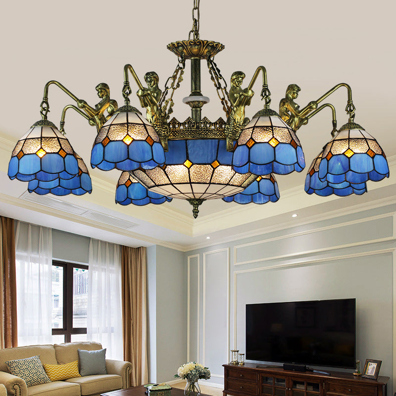Blue Stained Glass Chandelier Lighting Fixture Grid Patterned 5/9/11 Lights Baroque Suspension Lamp 11 Blue Clearhalo 'Ceiling Lights' 'Chandeliers' 'Industrial' 'Middle Century Chandeliers' 'Tiffany Chandeliers' 'Tiffany close to ceiling' 'Tiffany' Lighting' 330618