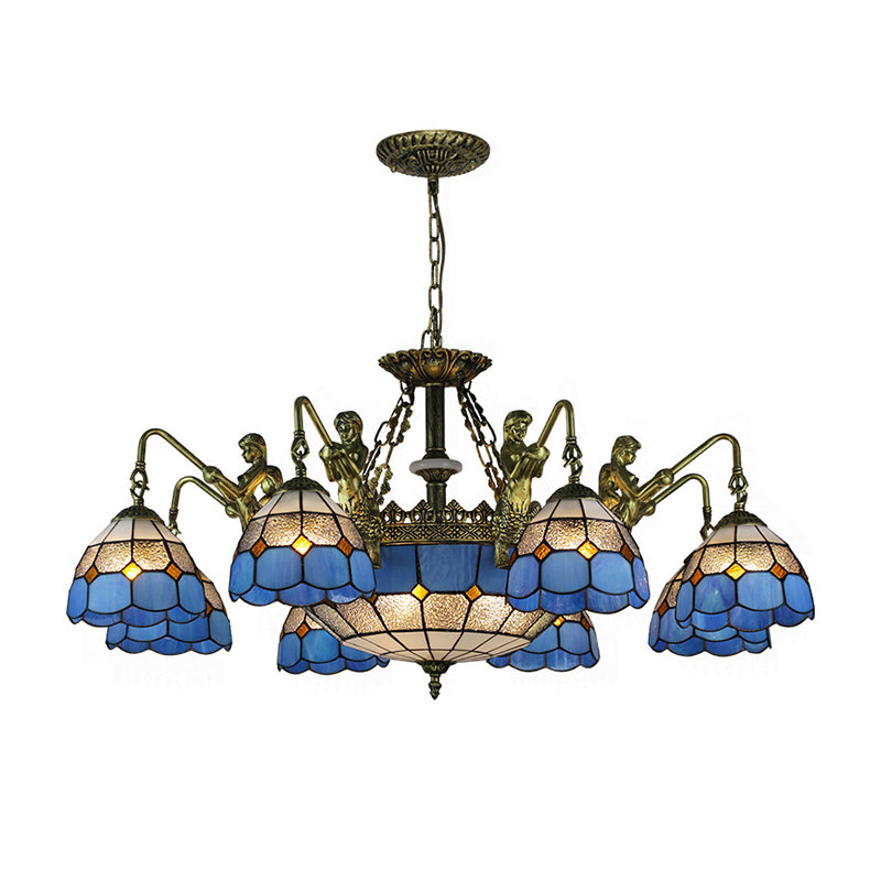 Blue Stained Glass Chandelier Lighting Fixture Grid Patterned 5/9/11 Lights Baroque Suspension Lamp Clearhalo 'Ceiling Lights' 'Chandeliers' 'Industrial' 'Middle Century Chandeliers' 'Tiffany Chandeliers' 'Tiffany close to ceiling' 'Tiffany' Lighting' 330619