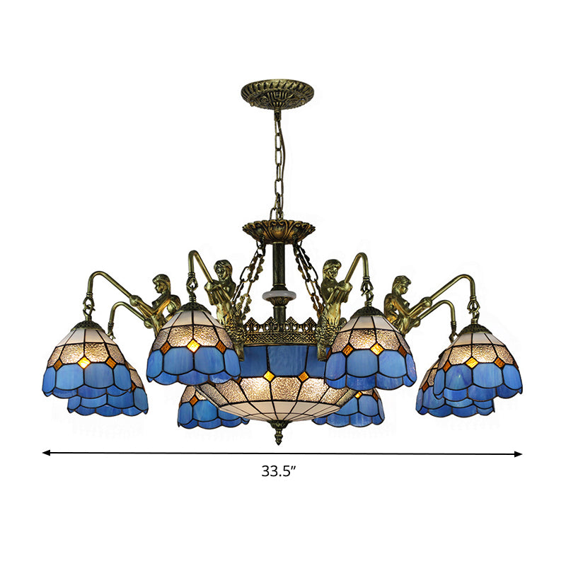 Blue Stained Glass Chandelier Lighting Fixture Grid Patterned 5/9/11 Lights Baroque Suspension Lamp Clearhalo 'Ceiling Lights' 'Chandeliers' 'Industrial' 'Middle Century Chandeliers' 'Tiffany Chandeliers' 'Tiffany close to ceiling' 'Tiffany' Lighting' 330620