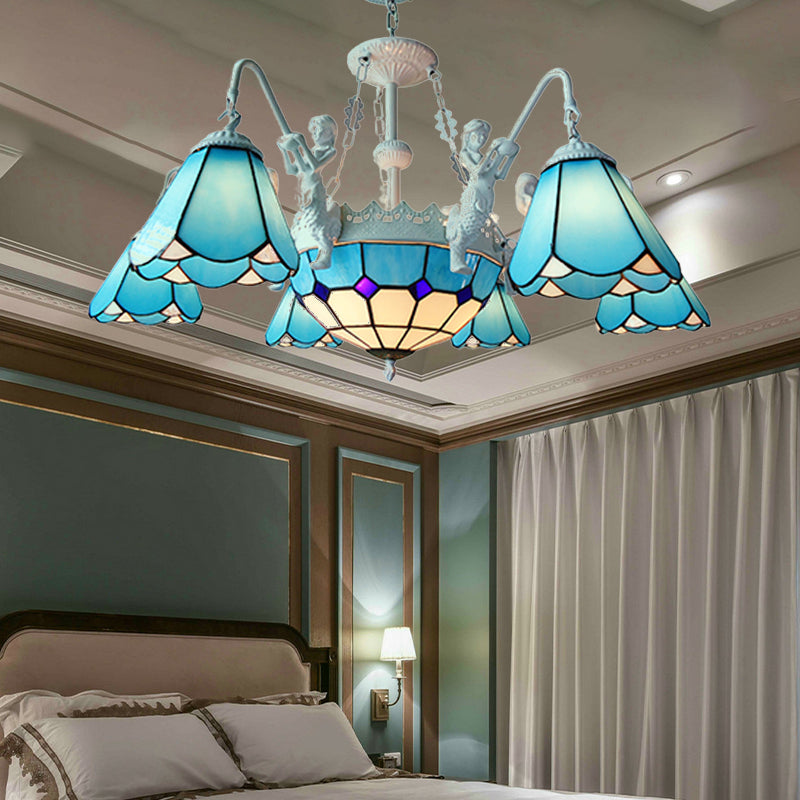 Stained Glass Cone Pendant Chandelier Baroque 7/9 Lights Yellow/Blue Hanging Light Kit for Living Room 7 Blue Clearhalo 'Ceiling Lights' 'Chandeliers' 'Industrial' 'Middle Century Chandeliers' 'Tiffany Chandeliers' 'Tiffany close to ceiling' 'Tiffany' Lighting' 330629