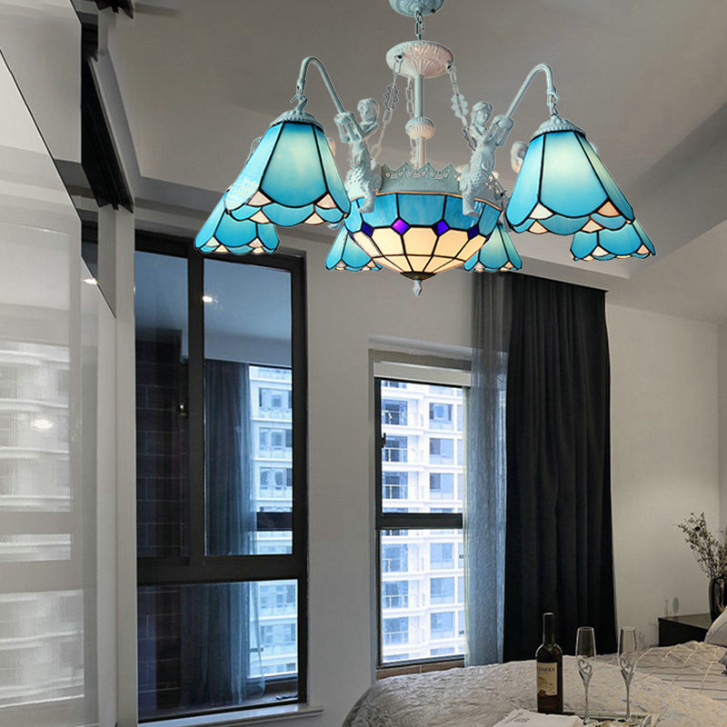 Stained Glass Cone Pendant Chandelier Baroque 7/9 Lights Yellow/Blue Hanging Light Kit for Living Room Clearhalo 'Ceiling Lights' 'Chandeliers' 'Industrial' 'Middle Century Chandeliers' 'Tiffany Chandeliers' 'Tiffany close to ceiling' 'Tiffany' Lighting' 330631