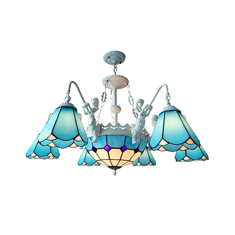 Stained Glass Cone Pendant Chandelier Baroque 7/9 Lights Yellow/Blue Hanging Light Kit for Living Room Clearhalo 'Ceiling Lights' 'Chandeliers' 'Industrial' 'Middle Century Chandeliers' 'Tiffany Chandeliers' 'Tiffany close to ceiling' 'Tiffany' Lighting' 330632