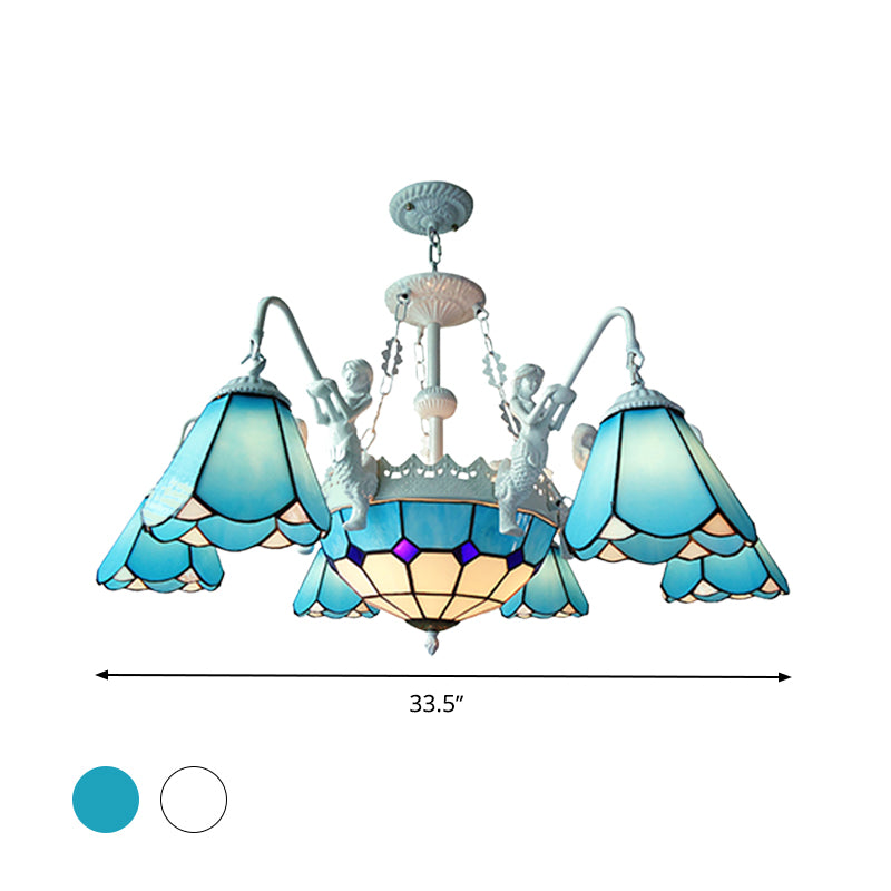 Stained Glass Cone Pendant Chandelier Baroque 7/9 Lights Yellow/Blue Hanging Light Kit for Living Room Clearhalo 'Ceiling Lights' 'Chandeliers' 'Industrial' 'Middle Century Chandeliers' 'Tiffany Chandeliers' 'Tiffany close to ceiling' 'Tiffany' Lighting' 330633