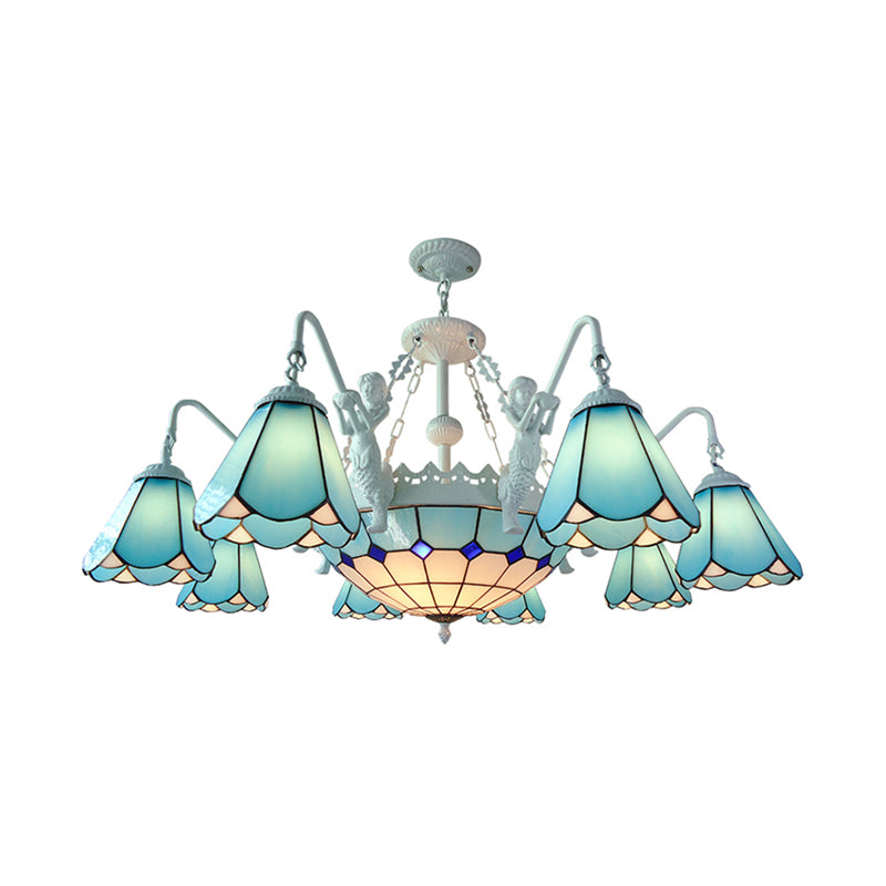 Stained Glass Cone Pendant Chandelier Baroque 7/9 Lights Yellow/Blue Hanging Light Kit for Living Room 9 Blue Clearhalo 'Ceiling Lights' 'Chandeliers' 'Industrial' 'Middle Century Chandeliers' 'Tiffany Chandeliers' 'Tiffany close to ceiling' 'Tiffany' Lighting' 330634