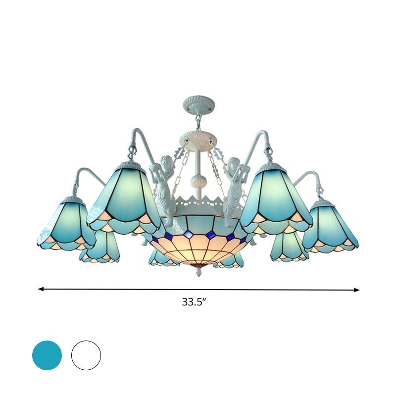 Stained Glass Cone Pendant Chandelier Baroque 7/9 Lights Yellow/Blue Hanging Light Kit for Living Room Clearhalo 'Ceiling Lights' 'Chandeliers' 'Industrial' 'Middle Century Chandeliers' 'Tiffany Chandeliers' 'Tiffany close to ceiling' 'Tiffany' Lighting' 330635
