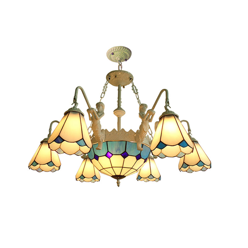 Stained Glass Cone Pendant Chandelier Baroque 7/9 Lights Yellow/Blue Hanging Light Kit for Living Room 7 Yellow Clearhalo 'Ceiling Lights' 'Chandeliers' 'Industrial' 'Middle Century Chandeliers' 'Tiffany Chandeliers' 'Tiffany close to ceiling' 'Tiffany' Lighting' 330636