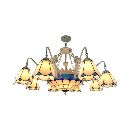 Stained Glass Cone Pendant Chandelier Baroque 7/9 Lights Yellow/Blue Hanging Light Kit for Living Room 9 Yellow Clearhalo 'Ceiling Lights' 'Chandeliers' 'Industrial' 'Middle Century Chandeliers' 'Tiffany Chandeliers' 'Tiffany close to ceiling' 'Tiffany' Lighting' 330637