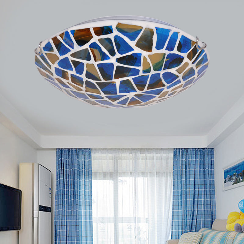 Bowl Flushmount Lighting 2/3/4 Lights Blue Stained Glass Mediterranean Close to Ceiling Lamp for Living Room, 12"/16"/19.5" W Blue Clearhalo 'Ceiling Lights' 'Close To Ceiling Lights' 'Close to ceiling' 'Flush mount' Lighting' 330679