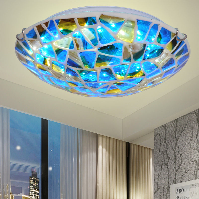 Bowl Flushmount Lighting 2/3/4 Lights Blue Stained Glass Mediterranean Close to Ceiling Lamp for Living Room, 12"/16"/19.5" W Clearhalo 'Ceiling Lights' 'Close To Ceiling Lights' 'Close to ceiling' 'Flush mount' Lighting' 330680