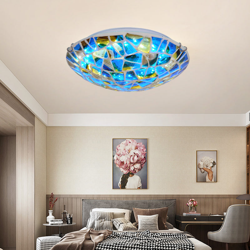 Bowl Flushmount Lighting 2/3/4 Lights Blue Stained Glass Mediterranean Close to Ceiling Lamp for Living Room, 12"/16"/19.5" W Clearhalo 'Ceiling Lights' 'Close To Ceiling Lights' 'Close to ceiling' 'Flush mount' Lighting' 330681