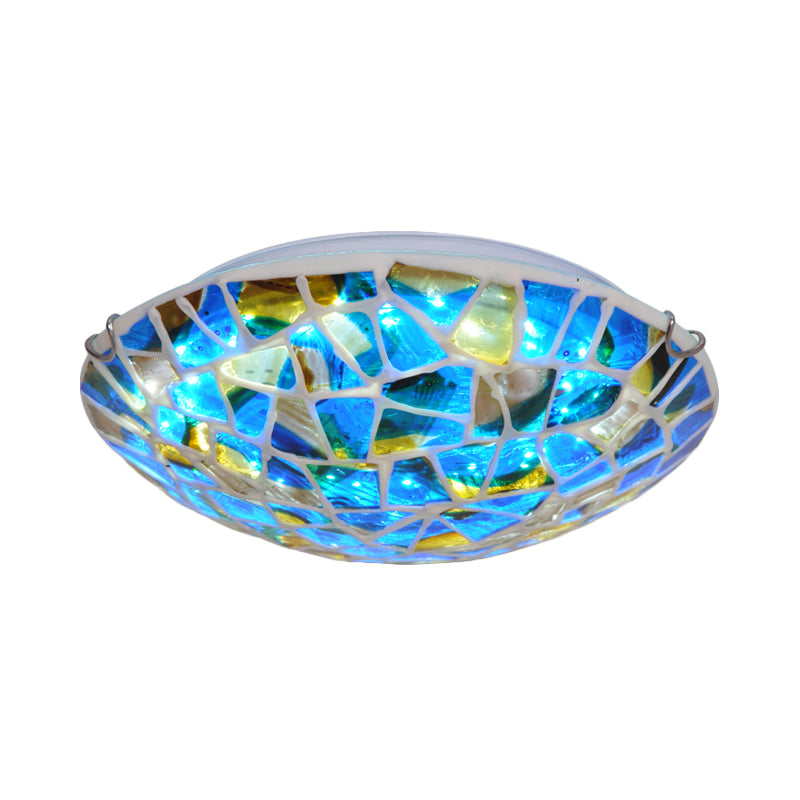 Bowl Flushmount Lighting 2/3/4 Lights Blue Stained Glass Mediterranean Close to Ceiling Lamp for Living Room, 12"/16"/19.5" W Clearhalo 'Ceiling Lights' 'Close To Ceiling Lights' 'Close to ceiling' 'Flush mount' Lighting' 330682