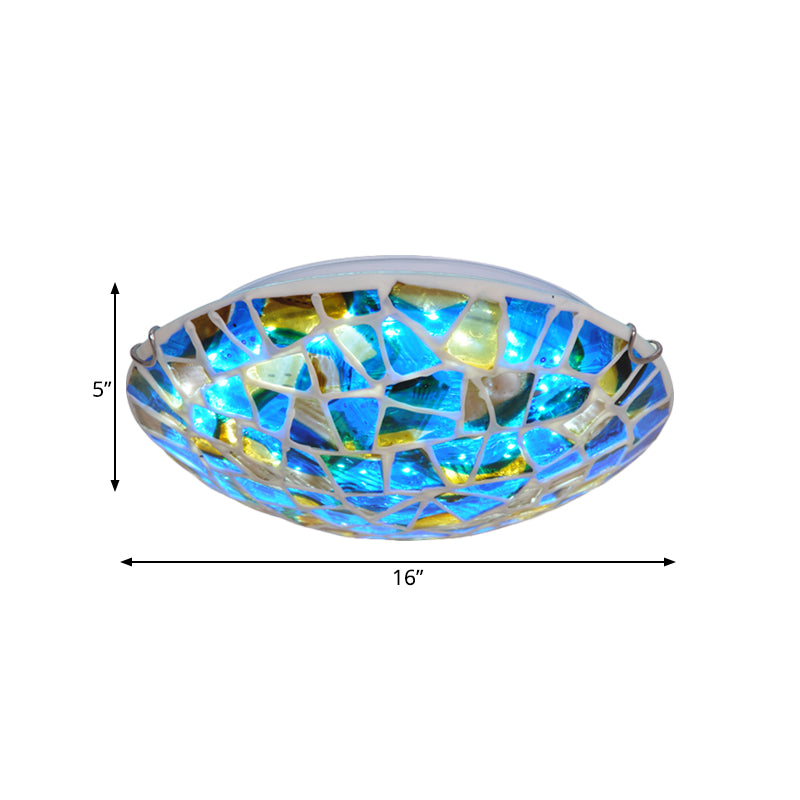 Bowl Flushmount Lighting 2/3/4 Lights Blue Stained Glass Mediterranean Close to Ceiling Lamp for Living Room, 12"/16"/19.5" W Clearhalo 'Ceiling Lights' 'Close To Ceiling Lights' 'Close to ceiling' 'Flush mount' Lighting' 330684