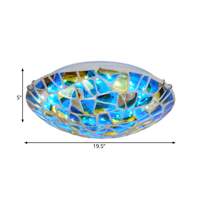 Bowl Flushmount Lighting 2/3/4 Lights Blue Stained Glass Mediterranean Close to Ceiling Lamp for Living Room, 12"/16"/19.5" W Clearhalo 'Ceiling Lights' 'Close To Ceiling Lights' 'Close to ceiling' 'Flush mount' Lighting' 330685
