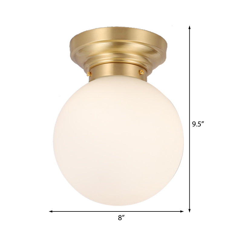 1 Bulb Brass/Black Finish Close to Ceiling Light with Frosted Globe Glass Shade Minimalist Semi-Flushmount Light Clearhalo 'Ceiling Lights' 'Close To Ceiling Lights' 'Close to ceiling' 'Flush mount' Lighting' 330693