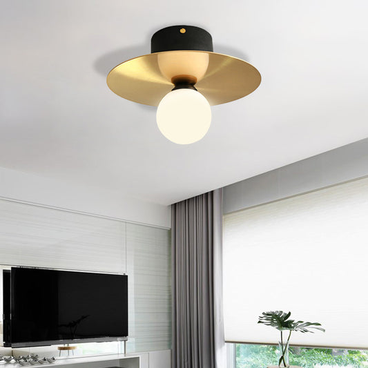 Milk Glass Globe Light Fixture Ceiling with Golden Disk Contemporary 1 Bulb Ceiling Light for Living Room Gold Clearhalo 'Ceiling Lights' 'Close To Ceiling Lights' 'Close to ceiling' 'Flush mount' Lighting' 330713