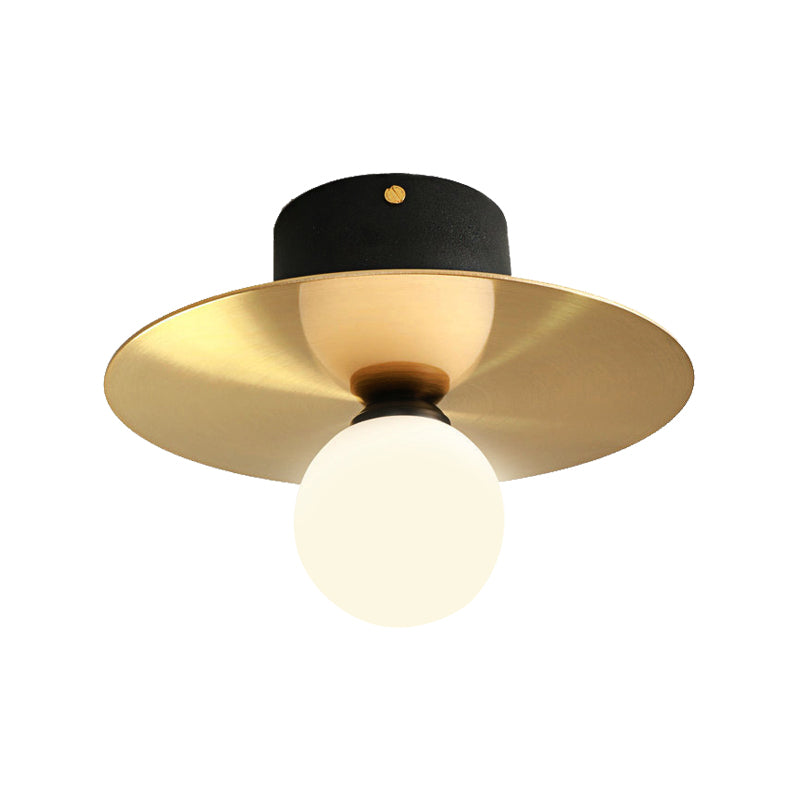 Milk Glass Globe Light Fixture Ceiling with Golden Disk Contemporary 1 Bulb Ceiling Light for Living Room - Clearhalo - 'Ceiling Lights' - 'Close To Ceiling Lights' - 'Close to ceiling' - 'Flush mount' - Lighting' - 330715