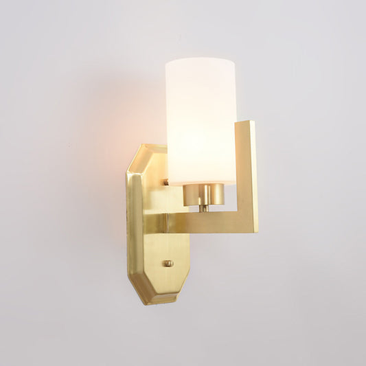 1 Bulb Living Room Wall Lamp Modern Gold Sconce Light Fixture with Tubular Milk Glass Shade Clearhalo 'Cast Iron' 'Glass' 'Industrial' 'Modern wall lights' 'Modern' 'Tiffany' 'Traditional wall lights' 'Wall Lamps & Sconces' 'Wall Lights' Lighting' 330834
