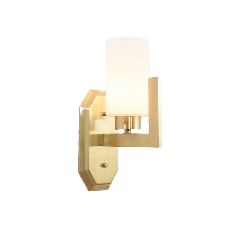 1 Bulb Living Room Wall Lamp Modern Gold Sconce Light Fixture with Tubular Milk Glass Shade Clearhalo 'Cast Iron' 'Glass' 'Industrial' 'Modern wall lights' 'Modern' 'Tiffany' 'Traditional wall lights' 'Wall Lamps & Sconces' 'Wall Lights' Lighting' 330835