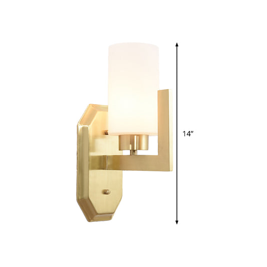 1 Bulb Living Room Wall Lamp Modern Gold Sconce Light Fixture with Tubular Milk Glass Shade Clearhalo 'Cast Iron' 'Glass' 'Industrial' 'Modern wall lights' 'Modern' 'Tiffany' 'Traditional wall lights' 'Wall Lamps & Sconces' 'Wall Lights' Lighting' 330836